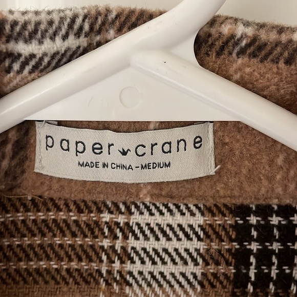 Paper Crane Wool-Blend Button Down Khaki Plaid Shacket - Picture 4 of 8